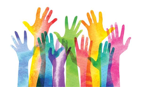 Overlapping silhouettes of Hands in a watercolour texture.
